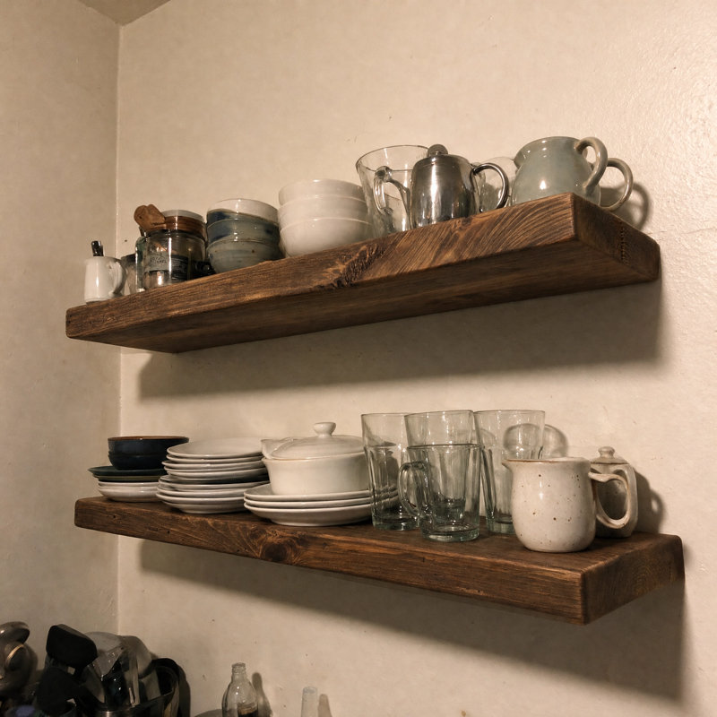 Tablette flottante murale en bois de pin récupéré rustique 2 pièces, 1.4“ H x 24” W x 8" D, Marron foncé