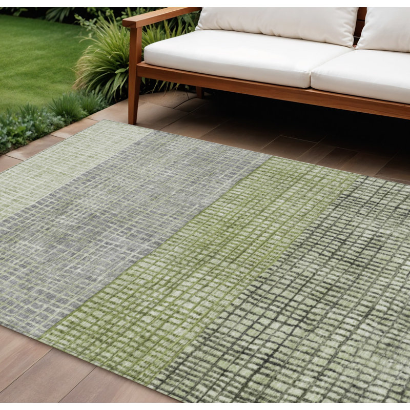 Tapis intérieur/extérieur lavable, motif géométrique vert artichaut et gris, 2,74 m x 3,66 m