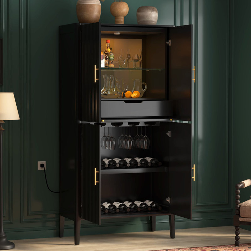 Grande armoire à vin autoportante 70,9 po à 4 portes avec présentoir et tiroir en verre, Black