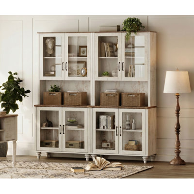 Bibliothèque Corretta 183 cm (H) x 172 cm (L) avec portes vitrées et meuble bar, grande bibliothèque de style campagnard avec armoire en bois pour salon, chambre, bureau ou cuisine, beige