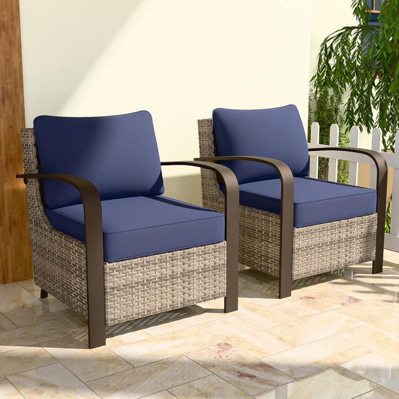 Patio Brown Wicker Lounge Chair, Metal Curved Armrest, Cushion (Set of 2), Blue