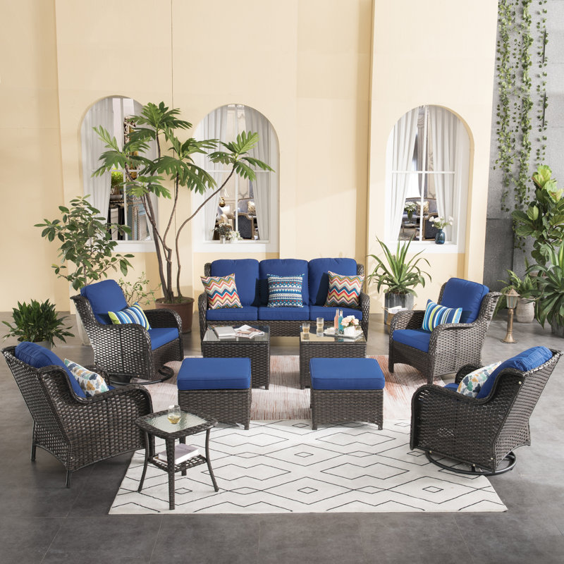 Guilen Wicker/Rattan 7- Person Seating Group With Swivel Chairs and Cushions, Brown, Blue