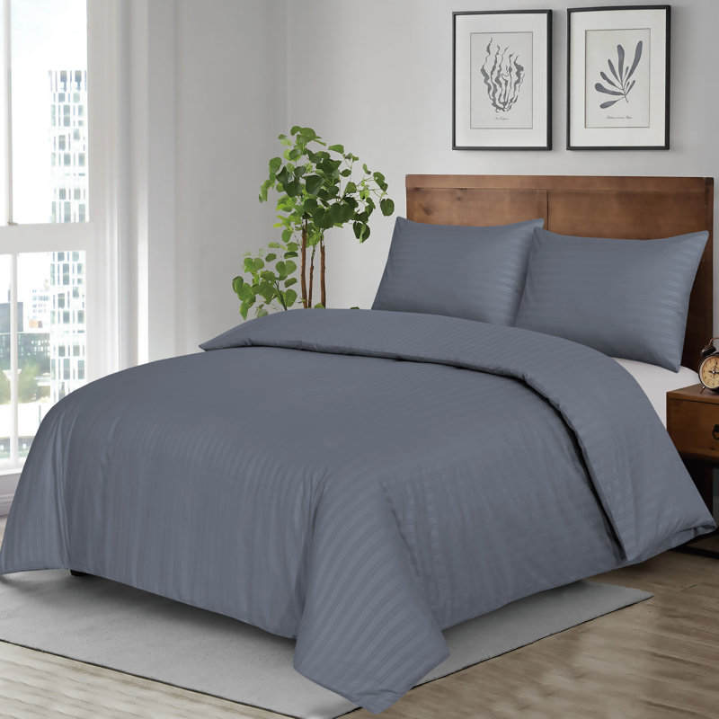 luxury Microfiber Satin Stripe Duvet cover set with 2 pillow cases , Double Duvet Cover + 2 Standard Pillowcases, Charcoal