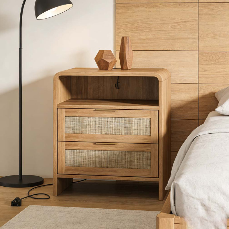 Table de chevet en rotin avec station de charge, Caramel-Shelf, 1