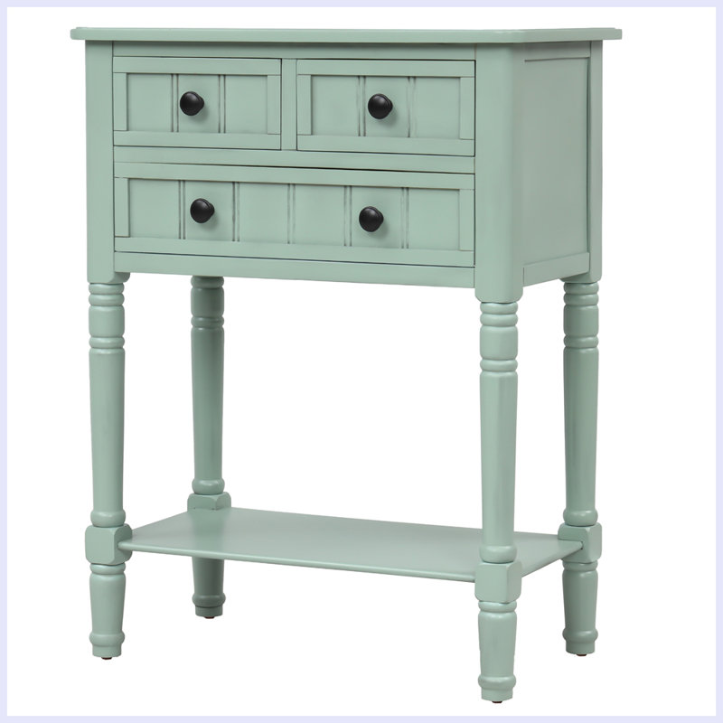 Narrow Console Table, Slim Sofa Table With Three Storage Drawers And Bottom Shelf, Retro Blue