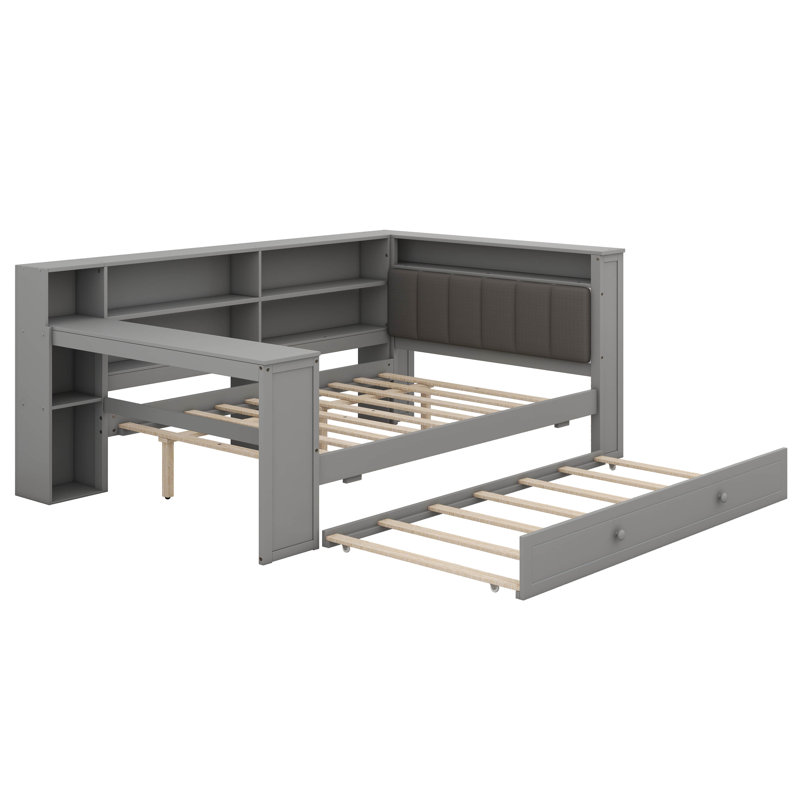 Full Size Platform Bed With Trundle, Desk, Charging Station And LED, Wooden Daybed Sofa Bed With Upholstered Headboard, Shelves