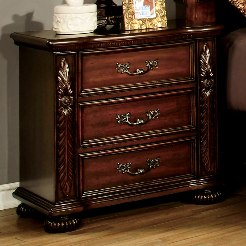 Table de chevet traditionnelle en cerisier brun - 3 meubles en bois massif