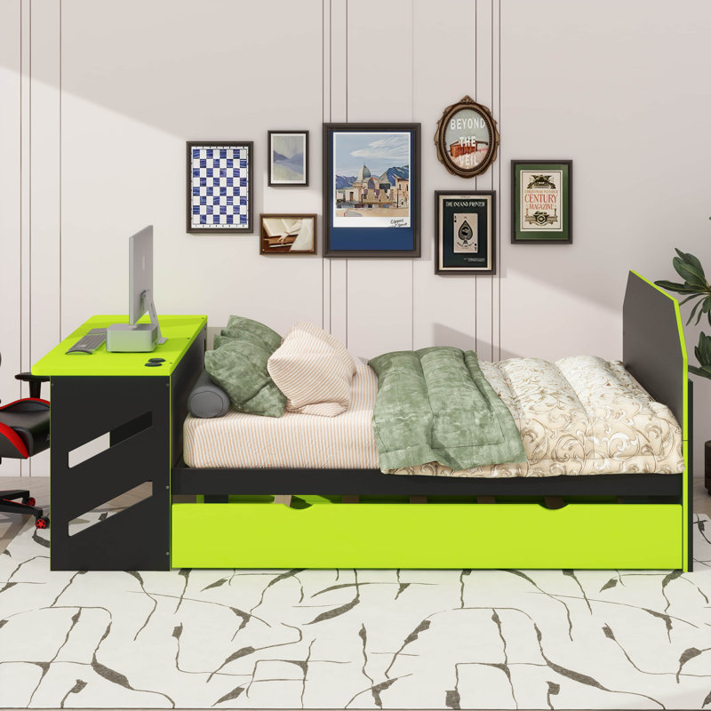Lit de jour en bois double - Lit gigogne simple, bureau et ports de chargement USB inclus, Vert