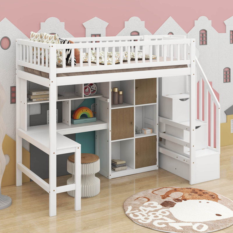 Twin Size Loft Bed With Built-In Desk, LED, Storage Shelves, Cabinets And Staircase, White