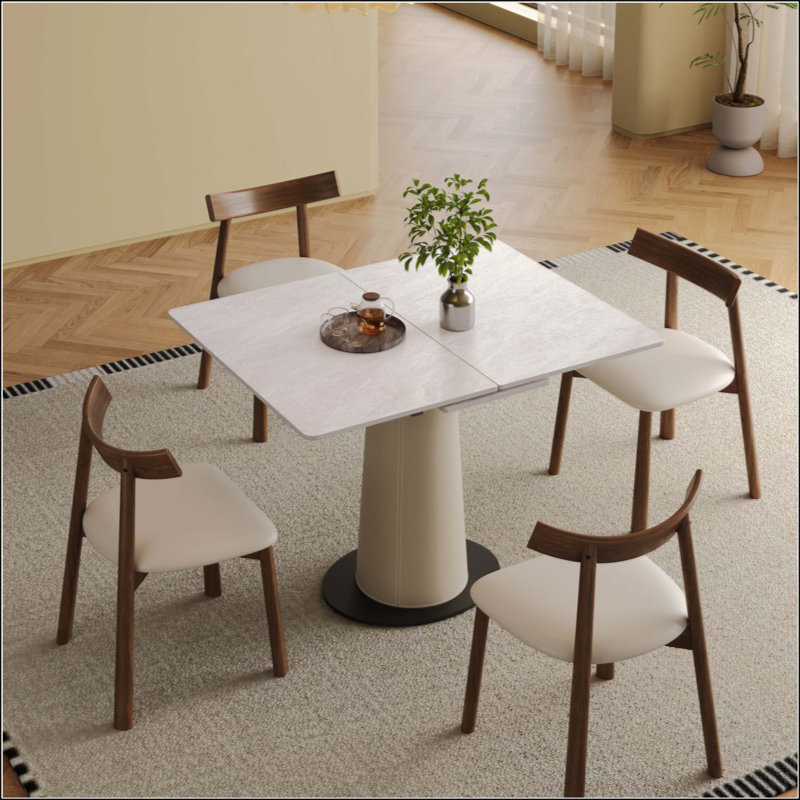 Ensemble de table de salle à manger rétractable Rock Slab, table moderne extensible 5 pièces avec 4 pieds en bois et base revêtue de cuir, ensemble de cuisine compact pour petits appartements