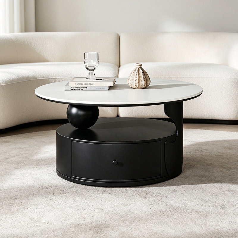Table basse moderne avec plusieurs tiroirs de rangement en bois, Blanc/Noir, Solid Color