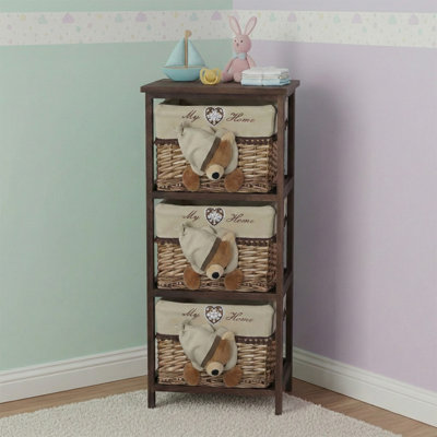 Jhavon 3-Drawer Wooden Cabinet with Wicker Storage Baskets and Brown Bear Design Christmas Gift