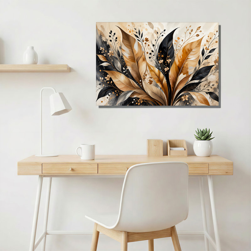 Toile abstraite, feuilles dorées et noires avec jets floraux, H 24 po x l 36 po