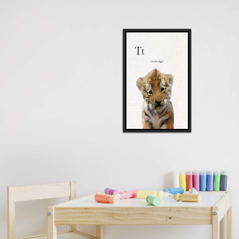 Décoration murale en lin pour bébé tigre, H 40 po x l 26 po x P 1,5 po, Toile avec cadre noir patiné