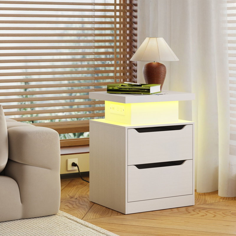 17.1''W 2-Drawer Nightstands with RGB LED Lights and Built-in Charging Station, White