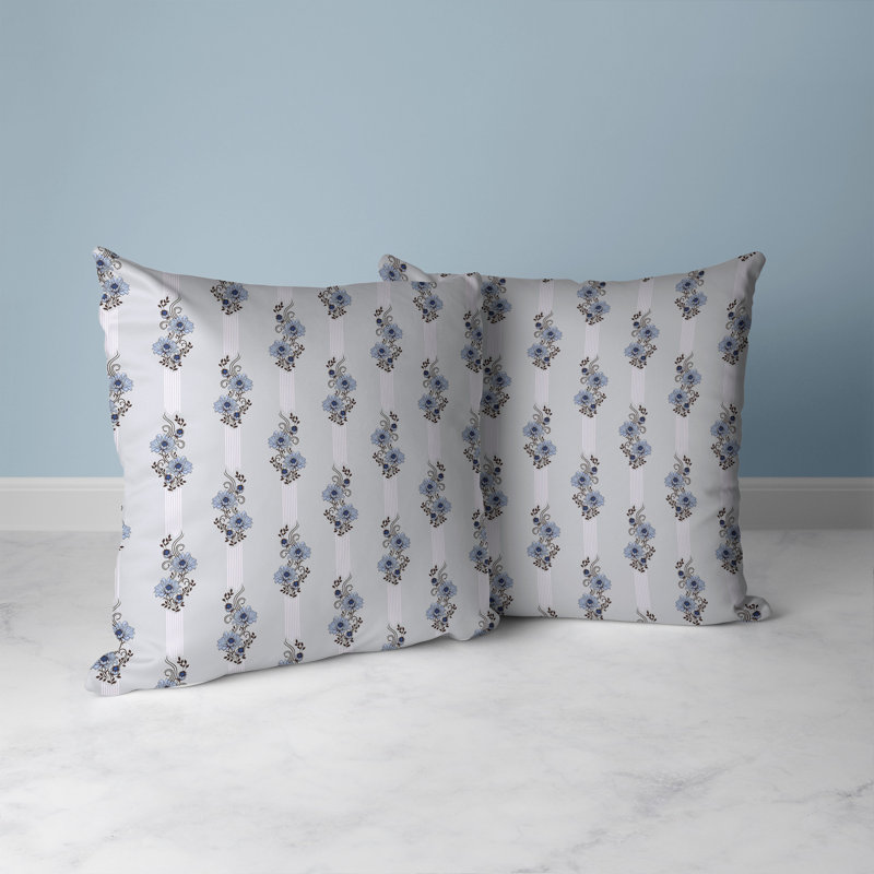 Blue and Black Floral Square Polyester Indoor/Outdoor Pillow