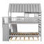 Lit superposé simple au dessus d'un lit simple avec lit gigogne et glissade, escalier de rangement, toit et fenêtre, gris-659340689