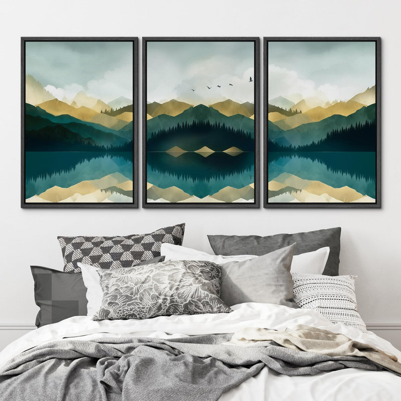 "Tranquil Mountain Reflection Nature Modern Decor Calm Relax Cosy For Bed" 3 - Pièces, Noir, H 24 po x l 16 po