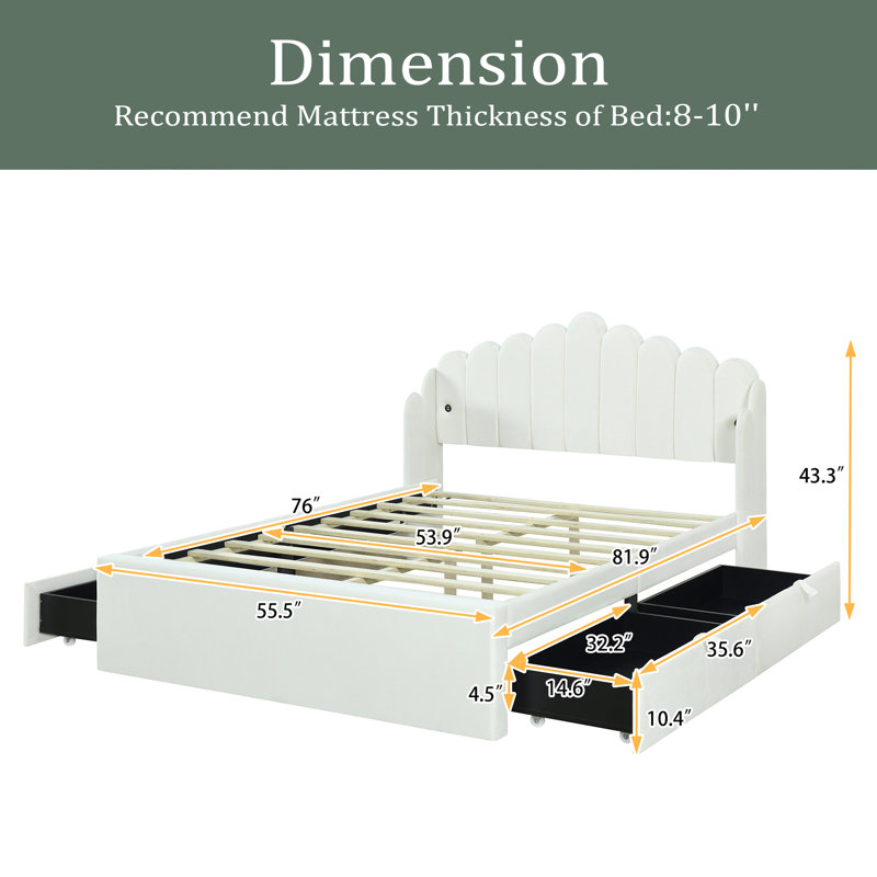 Lit plateforme avec rangement Mariany, Double, Beige