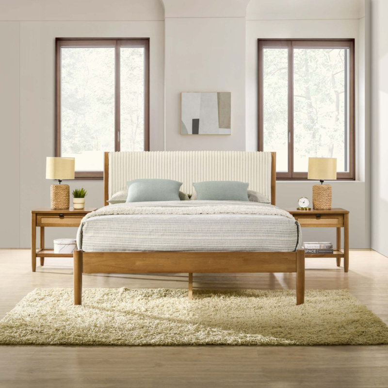 Ensemble de chambre à coucher 3 pièces en velours côtelé d'hévéa, lit plateforme avec deux tables de chevet