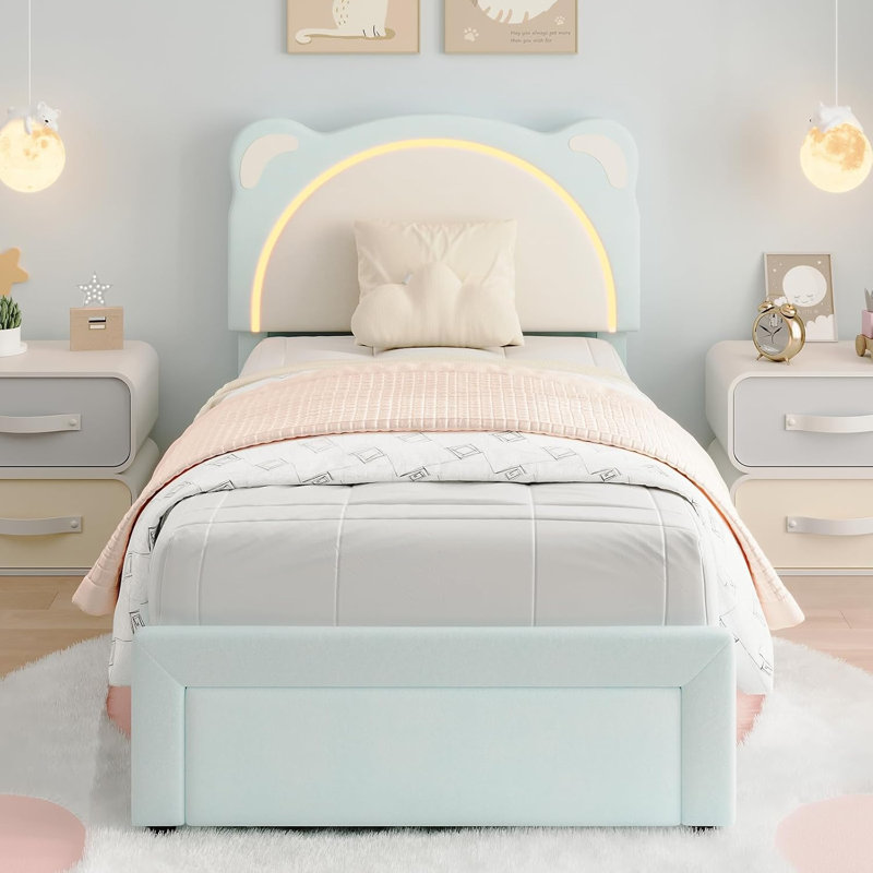 Upholstered Twin&Extra-long Twin Daybed Frame for KidsWith Led Lights & Storage Drawer, Twin Platform Bed with Carton Ears Shaped Headboard, Wood