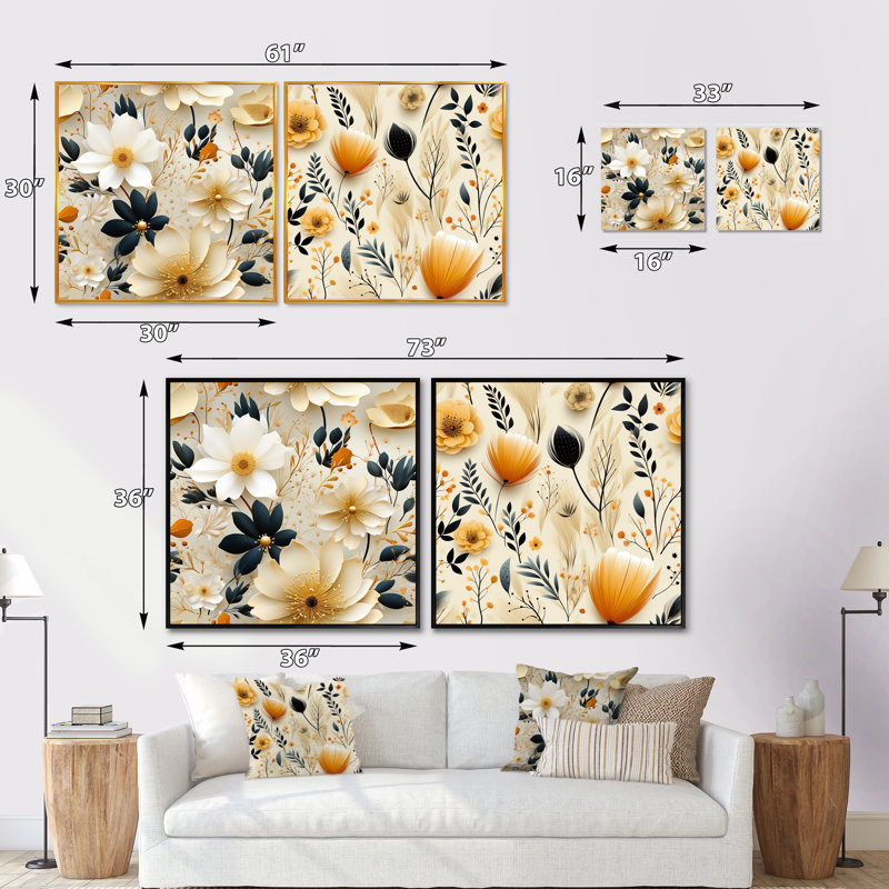 Balsamine - ensemble de 2 collages floraux carrés, Cadre flottant blanc, H 36 po x l 73 po