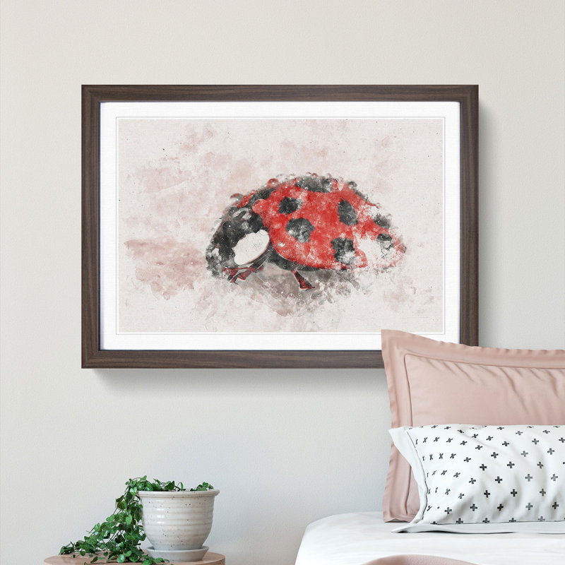 Red Ladybird Insect on a Pink Petal - Picture Frame Painting Print, 24cm H x 33cm W x 2cm D, Walnut Framed