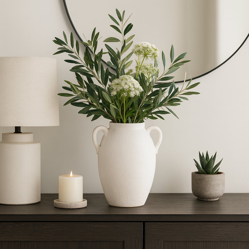 Textured Table Vase Jar With Two Handles for Home Decor - Ceramic Tall Flower Vase for Tabletops and Living Room Accent - White