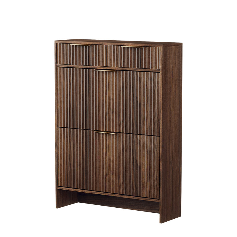 2-Drawer 2-Tip-Down Drawer Slatted Shoe Cabinet, Walnut Color