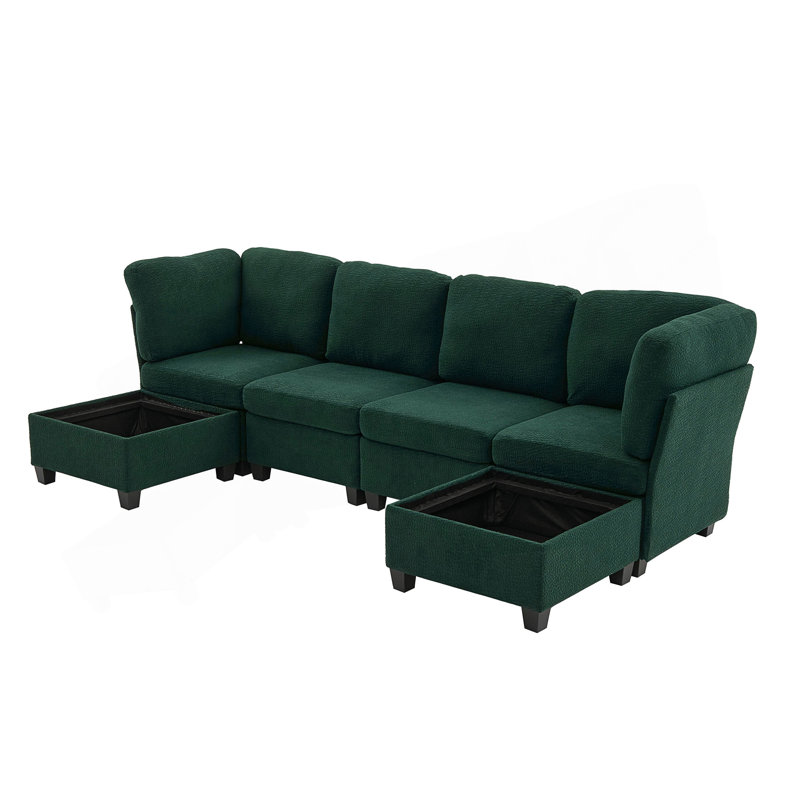 Canapé modulaire modulaire à 6 places avec méridienne, repose-pieds de rangement et aménagement convertible en forme de U pour des espaces de vie flexibles.