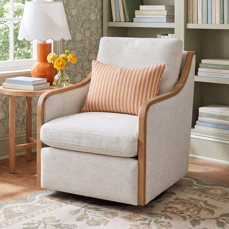 Grayton Oversized Upholstered Swivel Barrel Chair, Prestige Ivory Basketweave