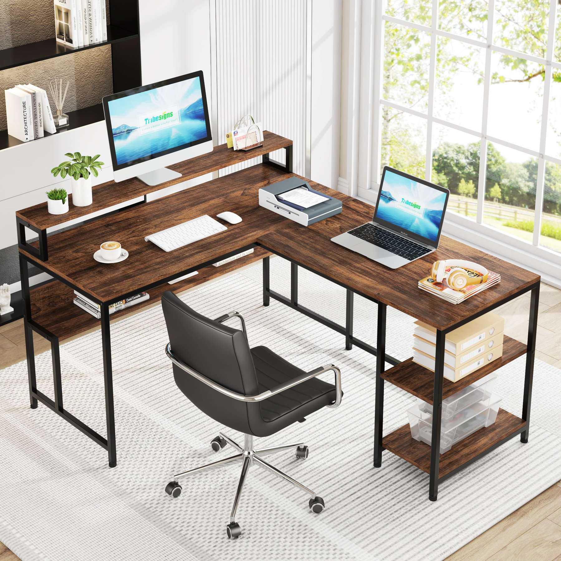 17 Stories 59.05'' Reversible L -Shaped Desk with Monitor Stand ...