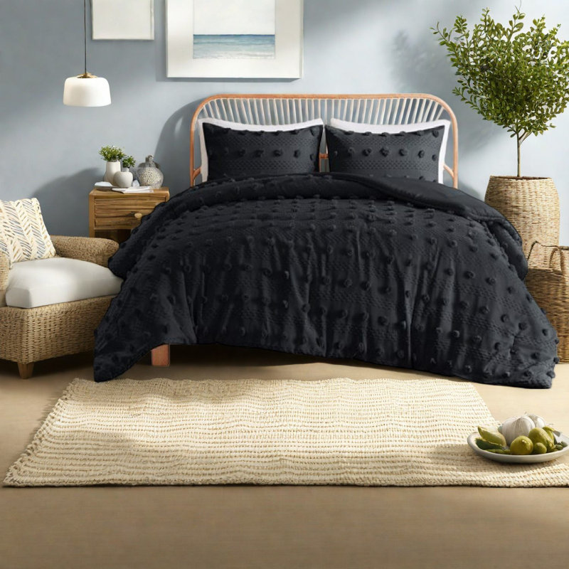 Modern Black Bedding Sets, Polyester Comforter With Pompom Design For Home Décor