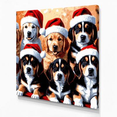 Art mural sur toile gris, chiots de Noël portant un chapeau de père Noël