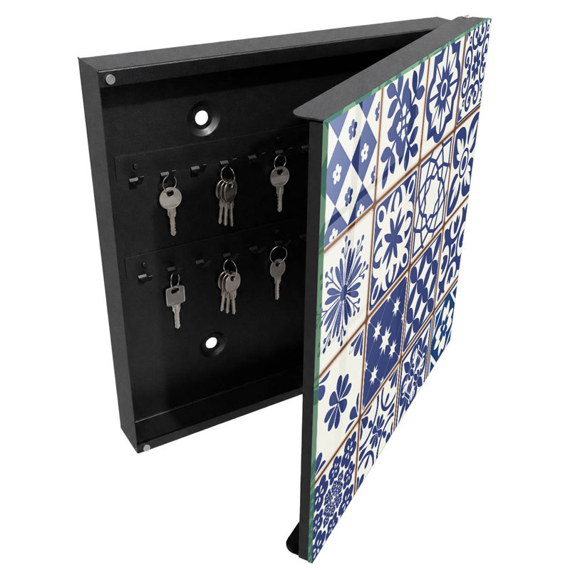 Decorative key box for wall, Opens to the left, 30x30x5, White, Geometric patterns in blue and white tones, 