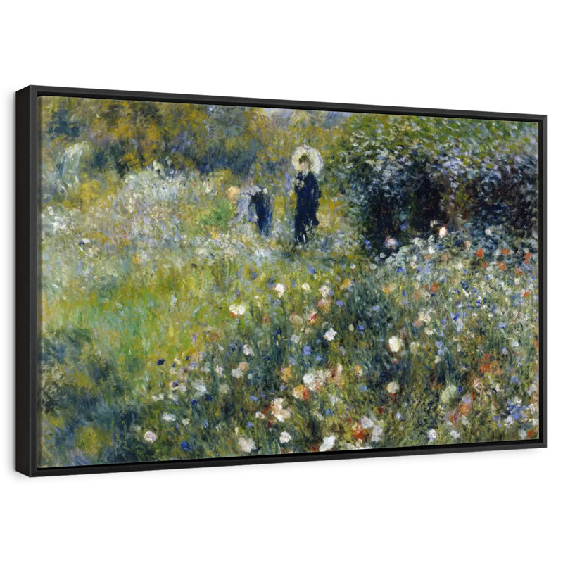 Femme avec un parasol dans un jardin, 37 po x 25 po, Cadre flottant noir