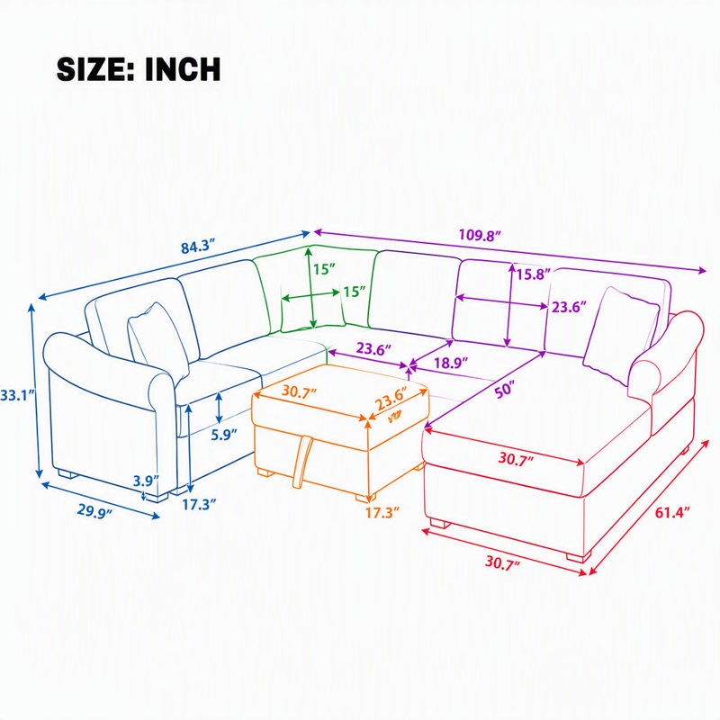 Canapé modulaire en U de 109,8 po en chenille avec repose-pieds de rangement mobile, brun, pour salon