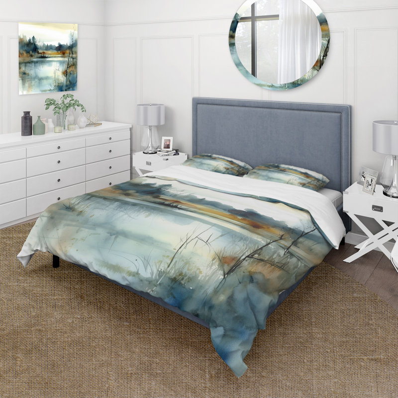 Ensemble de housse de couette en microfibre / polyester Summer Lake Landscape Illustration II