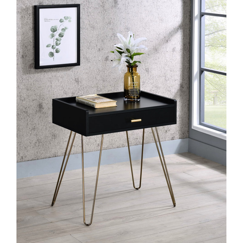 Table d'appoint 23,5 po avec pieds en épingle à cheveux cuivrés et finition matte, table Mid-Century à tiroirs, mat, nécessaire d'assemblage