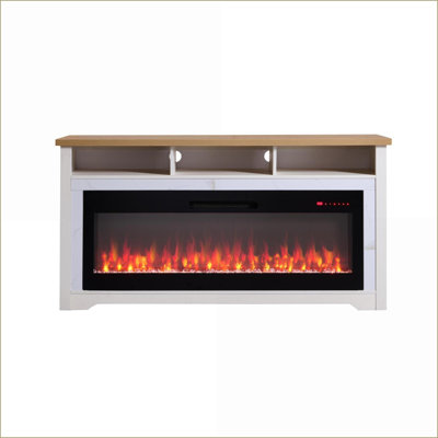 Meuble télé avec foyer électrique, téléviseur de 60 po pour téléviseur de 70 po, foyer intelligent de 50 po, blanc crème | Verre trempé + acier + panneau de fibres à densité moyenne | Électrique