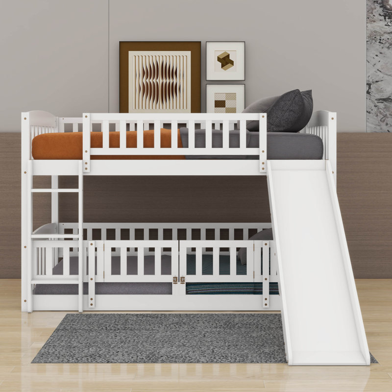 Twin Over Twin Bunk Bed With Fence,Ladder And Slide, White