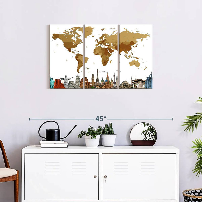 Carte du monde en bronze 3 pièces, H 20 po x l 33 po x P 1,25 po