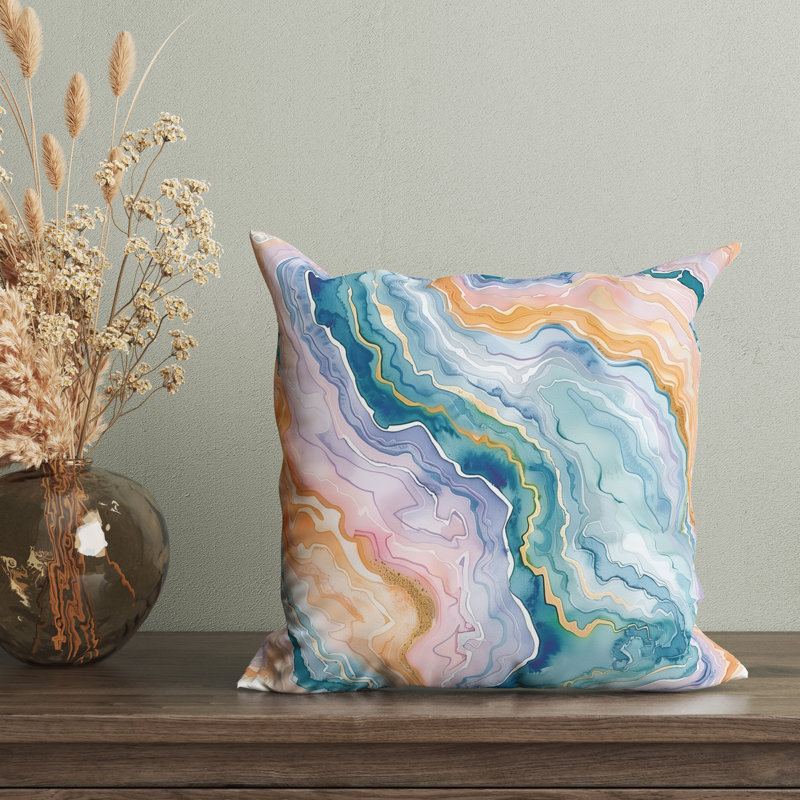 Housse de coussin réversible Agate, Bleu sarcelle / jaune / rose, H 18 po x l 18 po