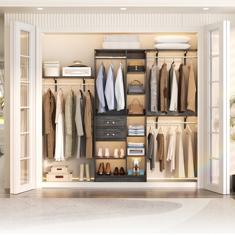 Rhandy 96" Closet System With Wooden Drawers & 13 Shelves (Can Be Cut To Fit), Gray Oak