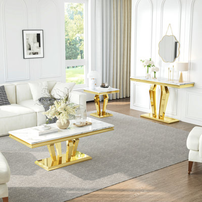 46.8" Console Table With Faux Marble Top & Stainless Steel Frame