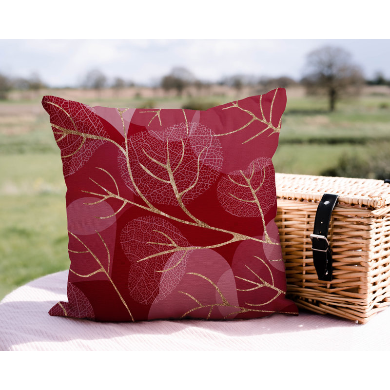 Coussin décoratif intérieur / extérieur Baka Leafs, H 17 po x l 17 po, Rouge/doré