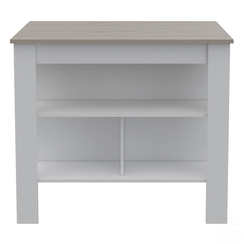 Îlot de cuisine antibactérien, trois tablettes, quatre pieds, Blanc / Chêne