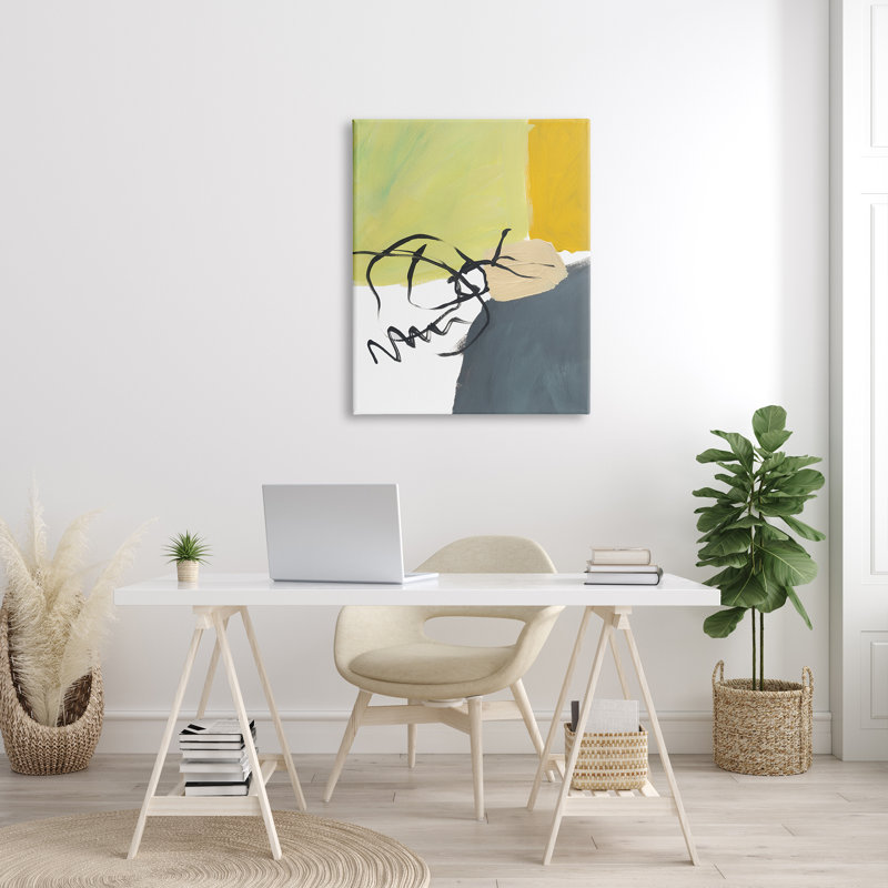 Jaune, gris, formes, fluides, lignes noires - Peinture, Toile tendue, H 40 po x l 30 po x 1,5 po