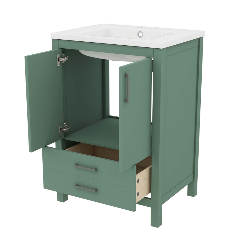 Meuble-lavabo de 24 po avec lavabo en céramique, armoire autoportante moderne, poignées argentées et portes à fermeture en douceur