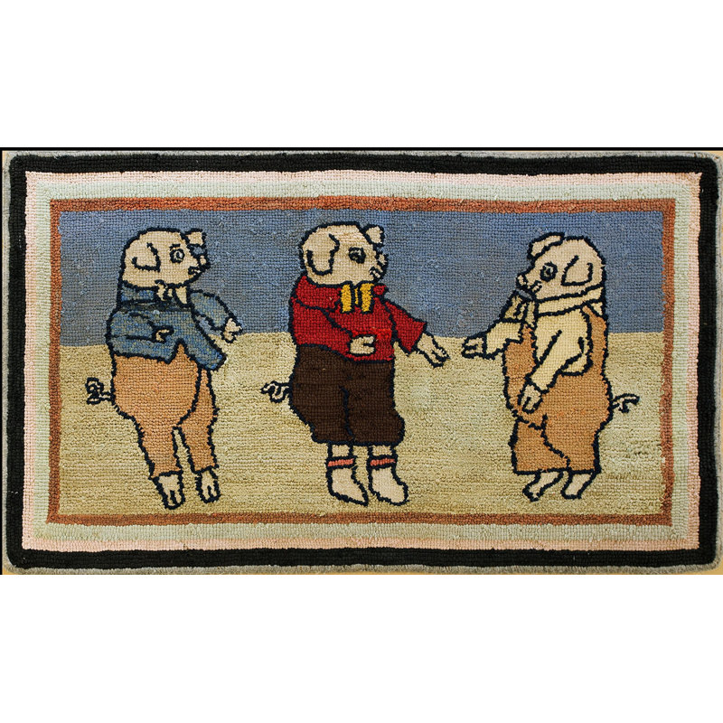 Antique American Hooked Wool Multicolor Small Scatter Size 3 Little Pigs Rug